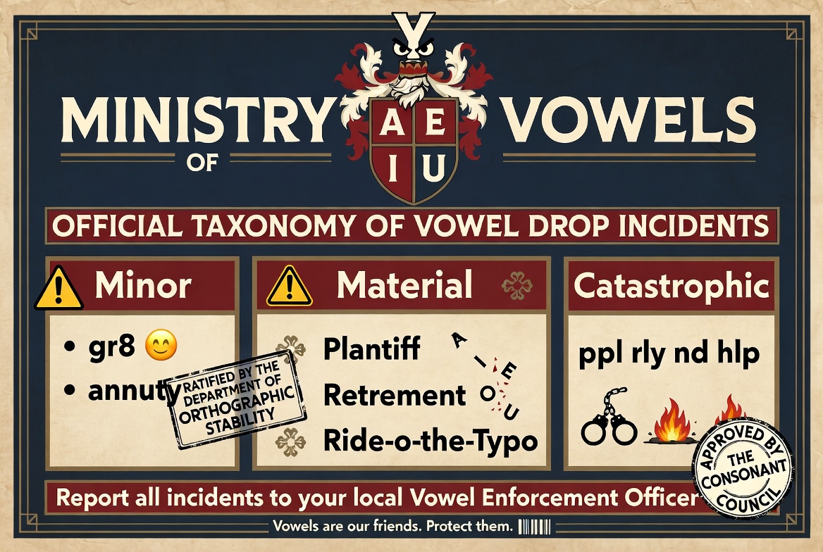 The Ministry of Vowels: Official Taxonomy of Vowel Drop Incidents